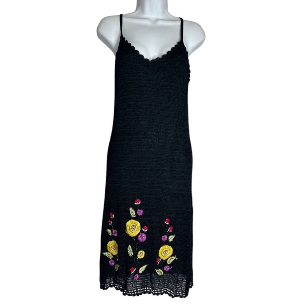 Papell Y2K Crochet Black Embroidered Beaded Floral Whimsigoth Fairy Slip Dress M